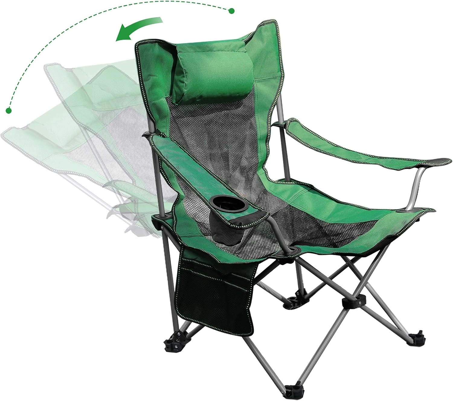 Green Folding Recliner Camping Chair with Headrest Cup Holders Side Pocket Z786978
