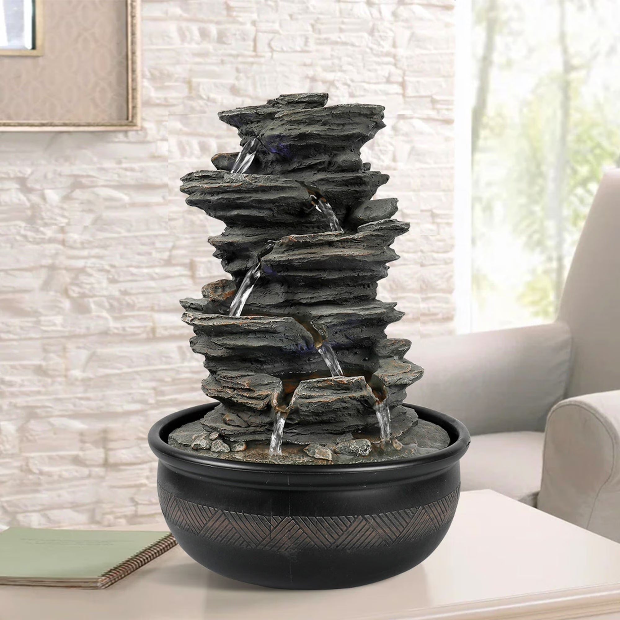 Tabletop Water Fountain with LED Light, Indoor Rock Resin Fountain I961