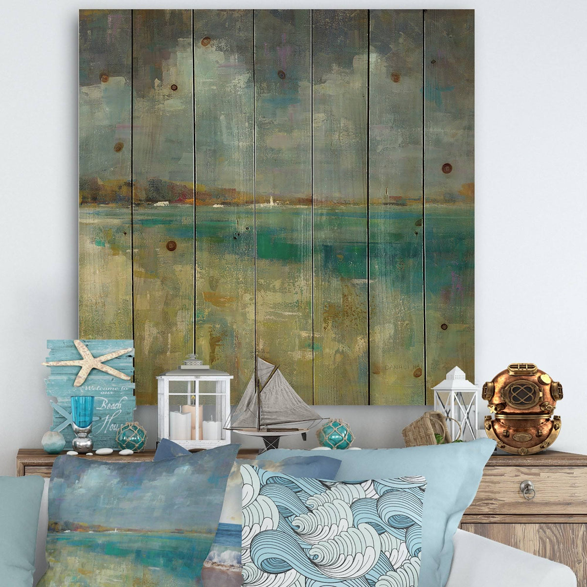 Nautical Coastal Print on Natural Pine Wood - Blue - 46 in. Wide x 46 in. High L558