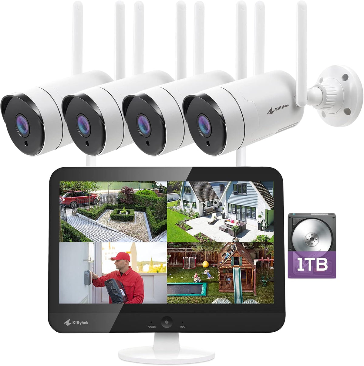 2K Wireless Security Camera System with 12 HD Monitor, 4Pcs 3MP Cameras F871