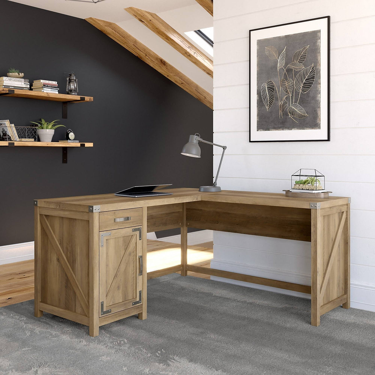 Reclaimed Pine L Shaped Desk with Drawer and Storage Cabinet N43586