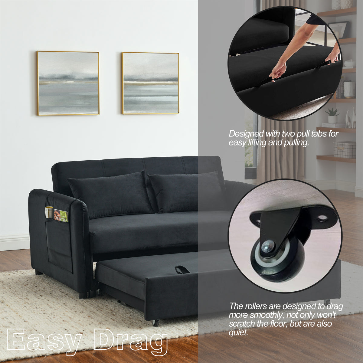 Black Velvet Sleeper Sofa Bed Convertible Pull Out Loveseat X408053