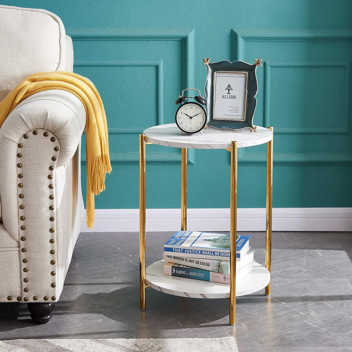 White Marble 2-Tier Square Side End Table with Storage Shelf G3408