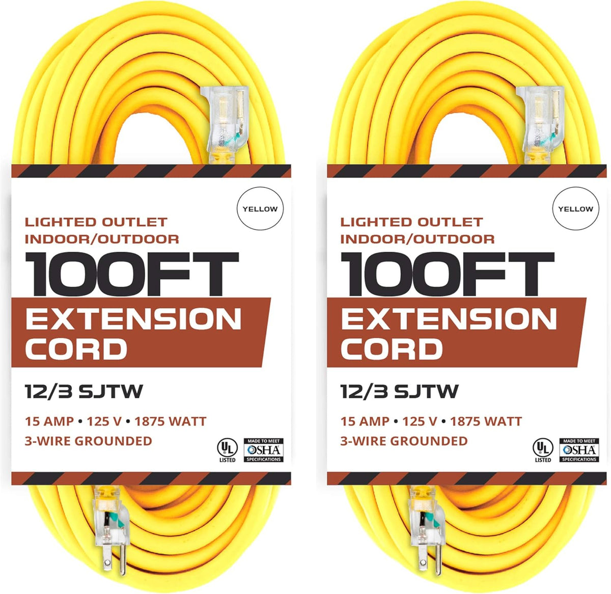 75 Foot Lighted Outdoor Extension Cord - 12/3 SJTW Heavy Duty Yellow Extension Cable with 3 Prong Grounded Plug, 15 AMP Q736655