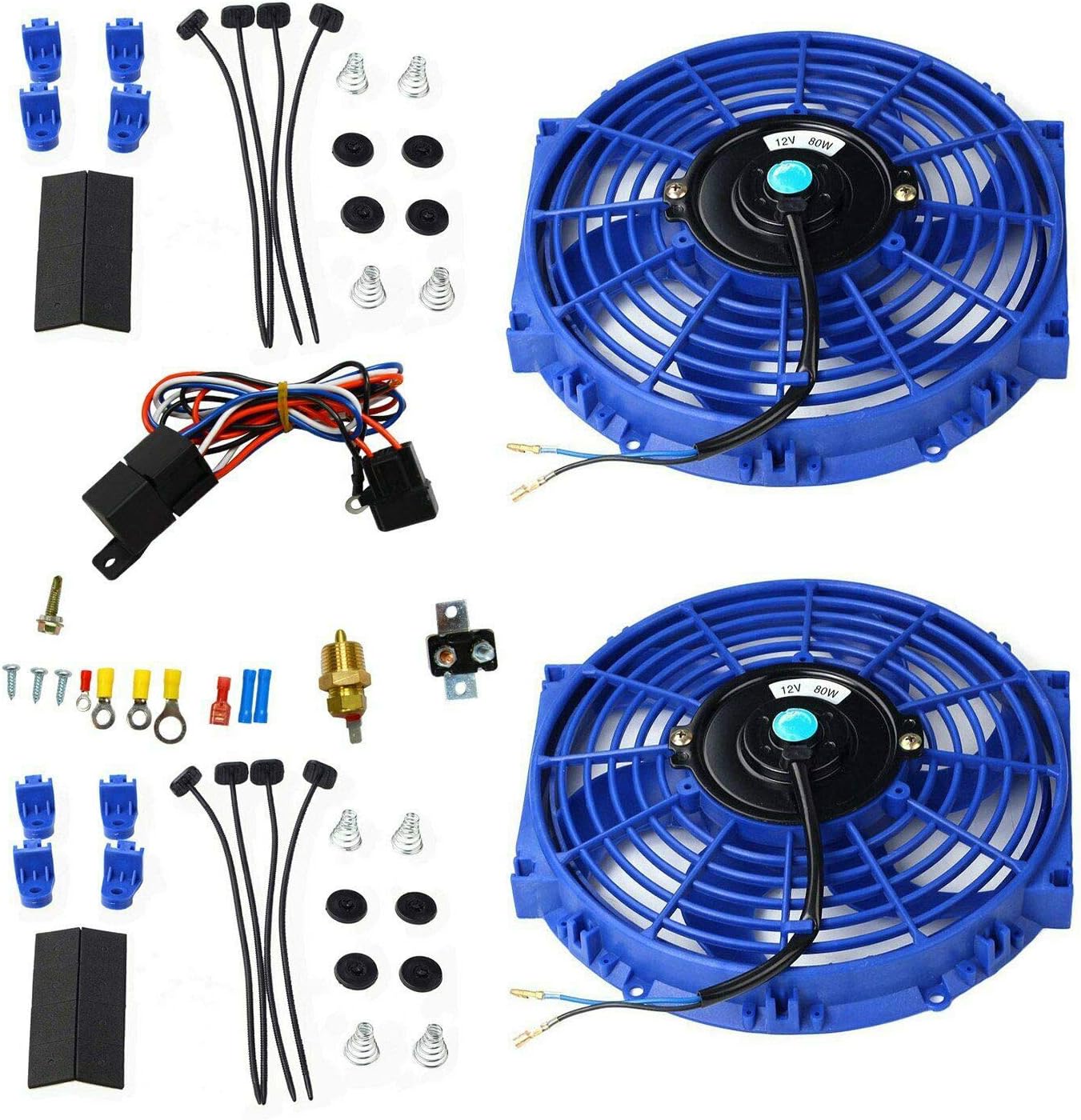 7" 12V Electric Radiator Cooling Fan with 3/8" Probe Thermostat Switch Kit Black (pack of 2) J753
