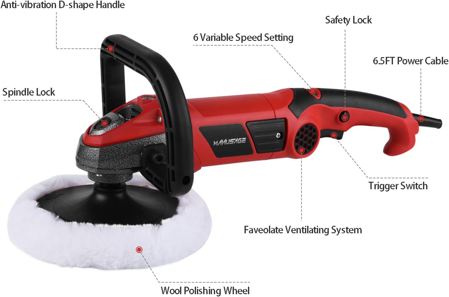 7-Inch Rotary Buffer Polisher, 10Amp Variable Speed Car Polisher, D Shape Detachable Handle, Wool Polishing Wheel D9895