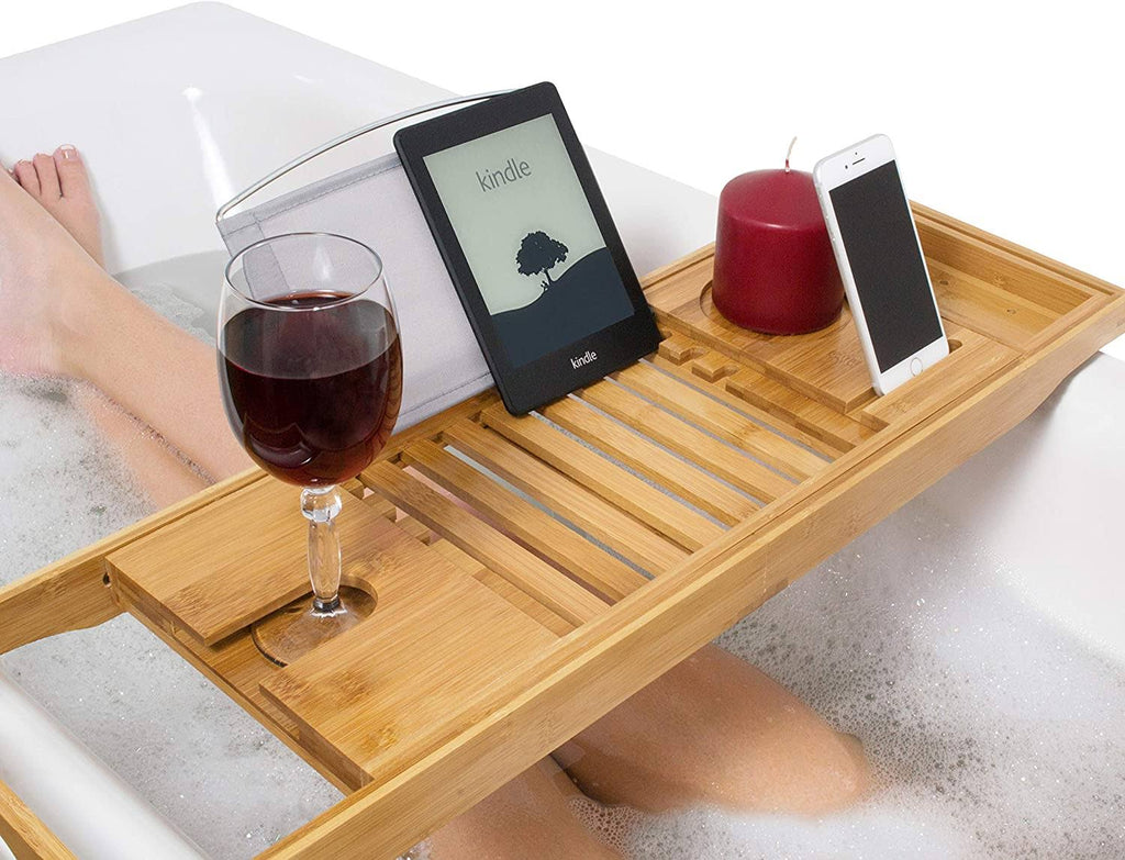 100% Natural Bamboo Bath Caddy with Wine Glass Holder O1436