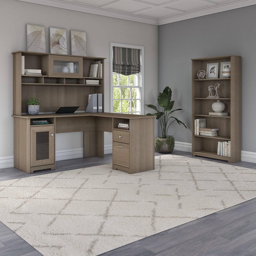 Heather Gray Metal L-Shaped Hutch Desk with 5-Shelf Bookcase M504151