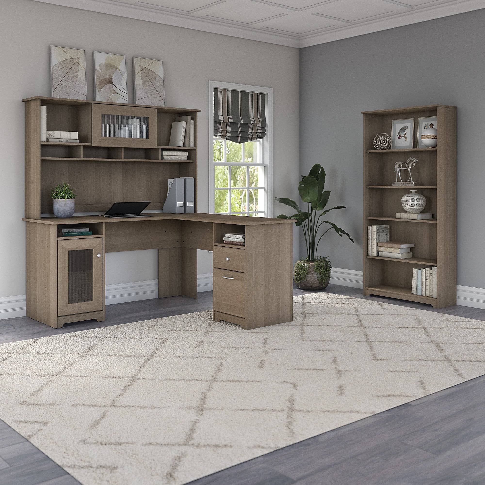 Heather Gray Metal L-Shaped Hutch Desk with 5-Shelf Bookcase M504151