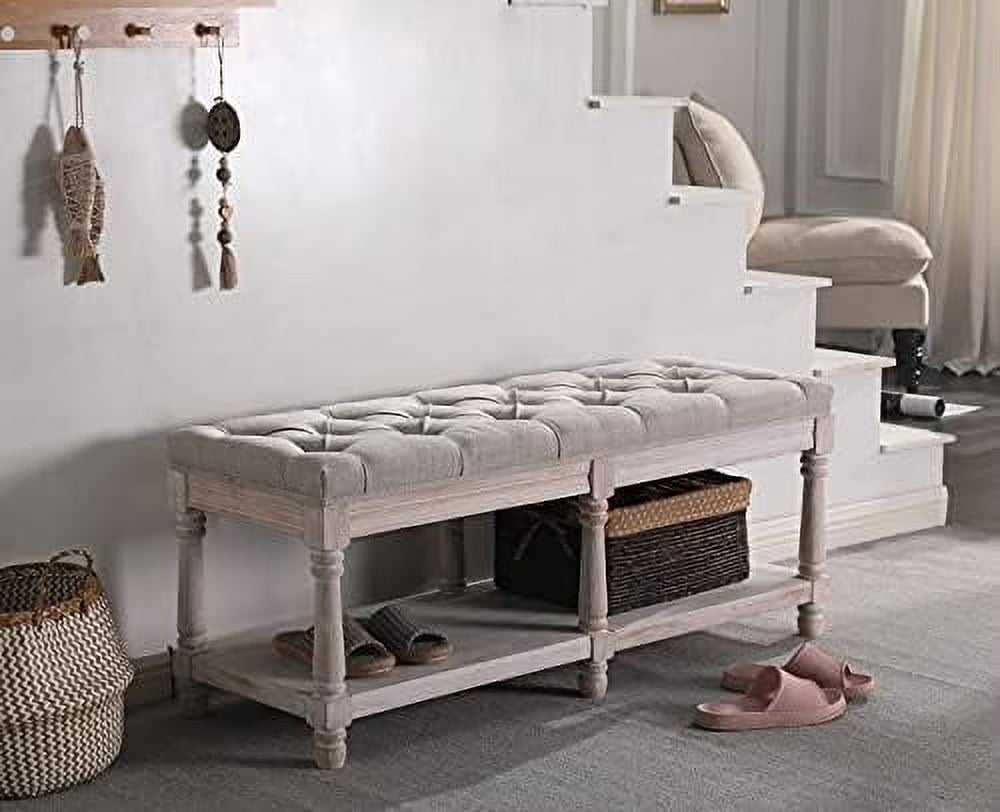 Gray Tufted Wood Entryway Bench H59961