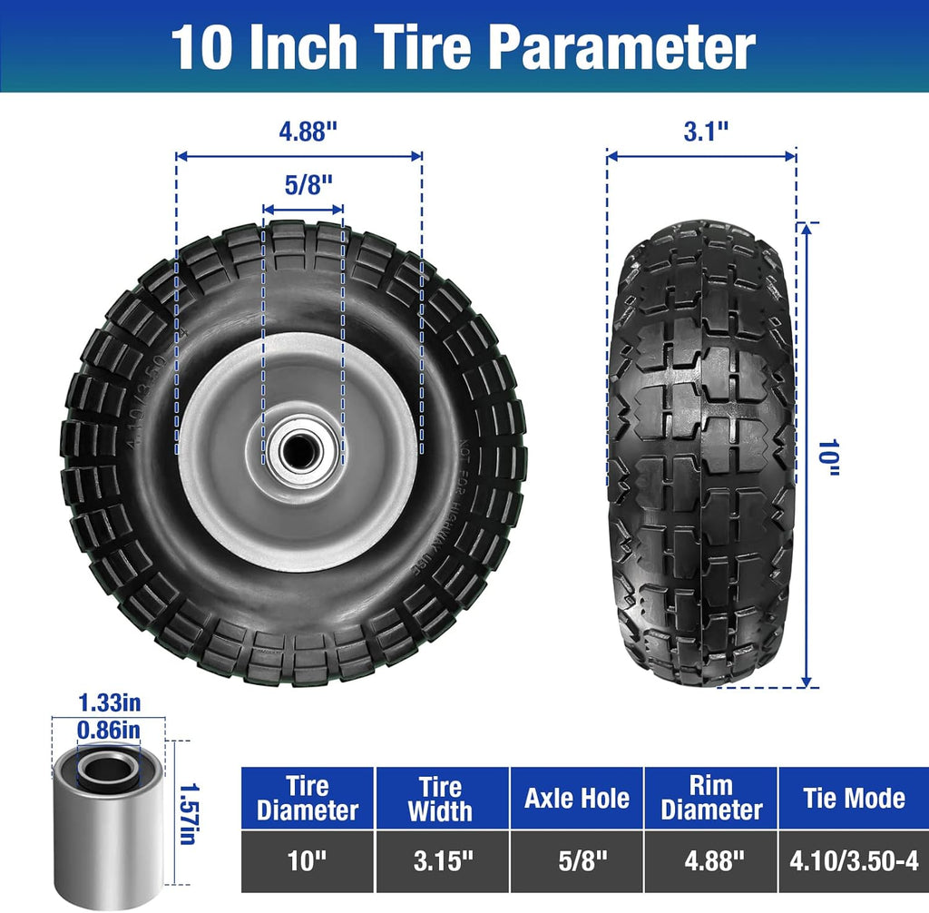 4 Pcs 10 Flat Free Tires Solid Non-inflated Tires Wheels with 5/8 Ball Bearings H333