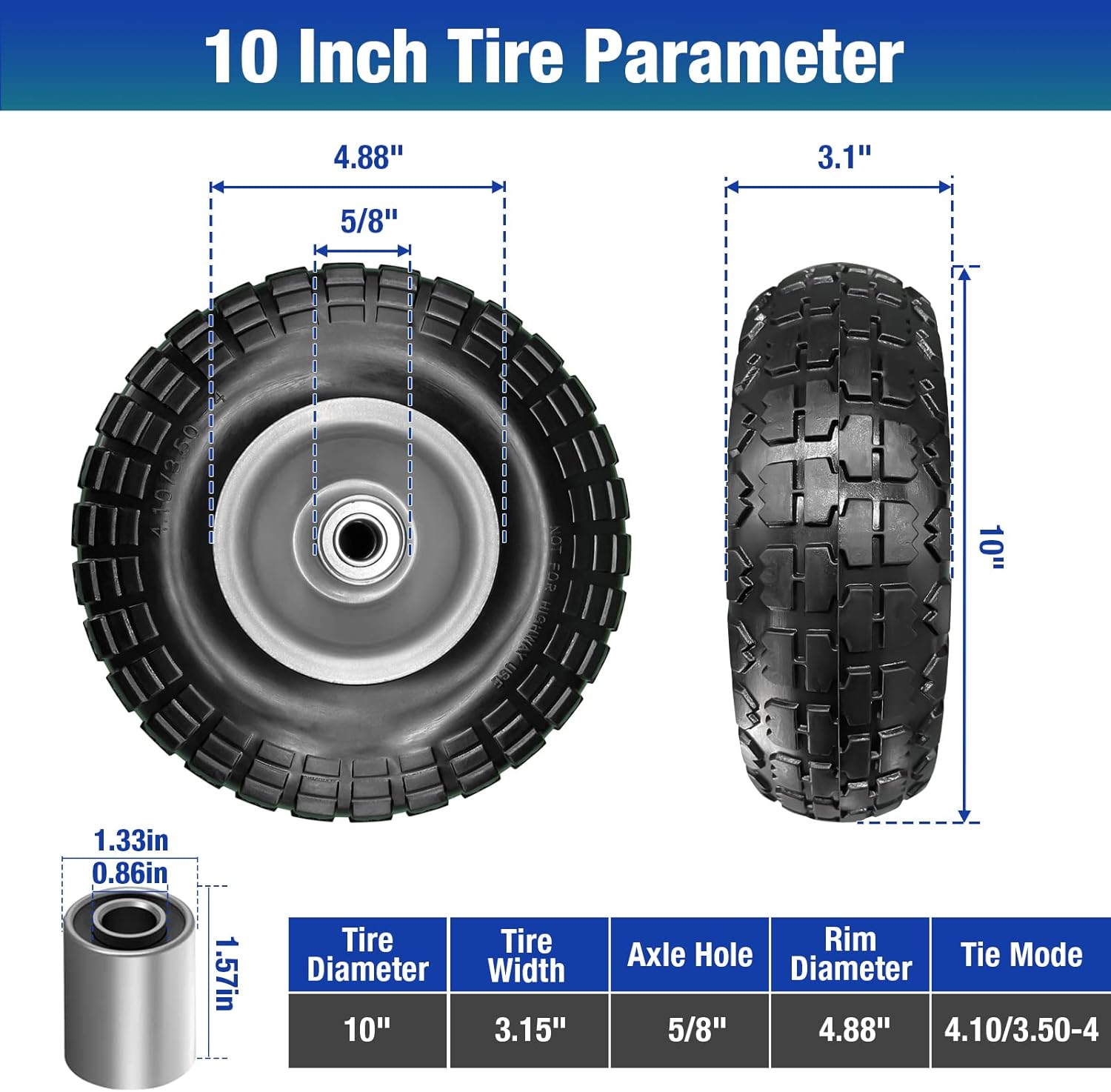 4 Pcs 10 Flat Free Tires Solid Non-inflated Tires Wheels with 5/8 Ball Bearings H333