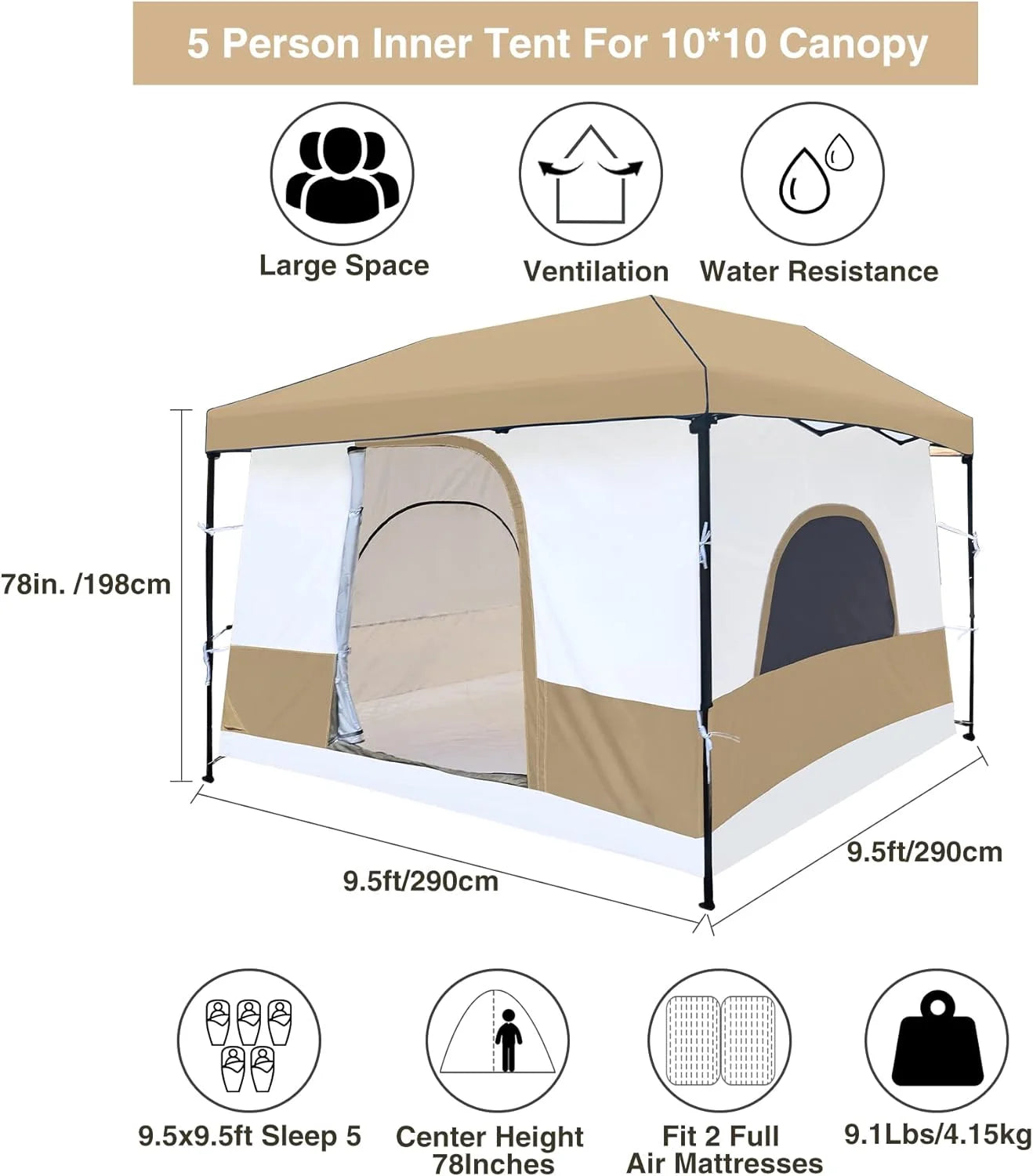 10' x 10' Khaki Camping Inner Tent Square Tent with Full Floor L503989