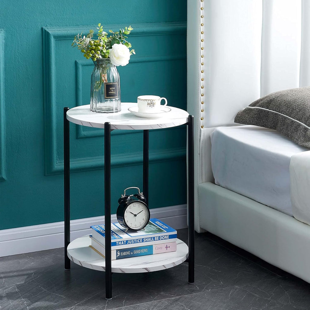White Marble 2-Tier Square Side End Table with Storage Shelf G3408