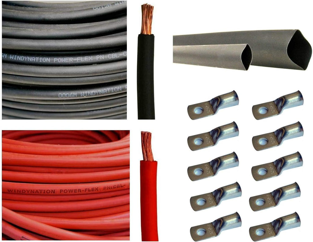 4/0 AWG 10 Feet Black + 10 Feet Red Pure Copper Ultra Flexible Cable + 5pcs 5/16 & 5pcs 3/8 Copper Cable Lug Terminal Connectors + 3 Feet Heat Shrink Tubing F614