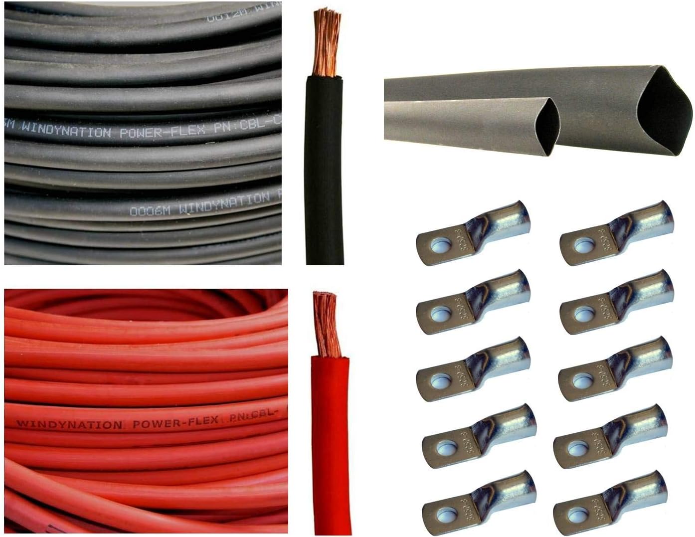 4/0 AWG 10 Feet Black + 10 Feet Red Pure Copper Ultra Flexible Cable + 5pcs 5/16 & 5pcs 3/8 Copper Cable Lug Terminal Connectors + 3 Feet Heat Shrink Tubing F614